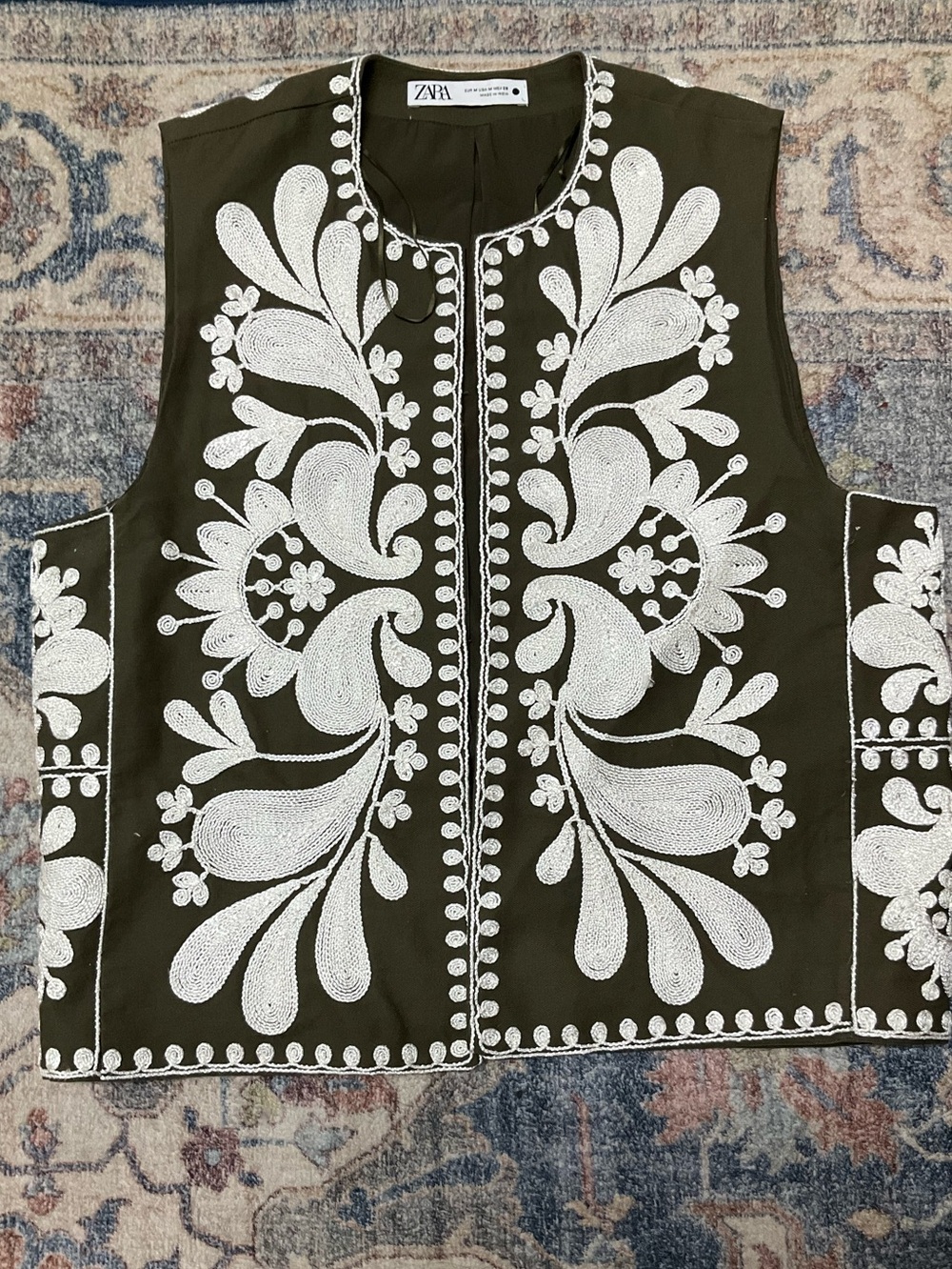 ZARA Olive Green Vest with White Embroidered Floral Panels